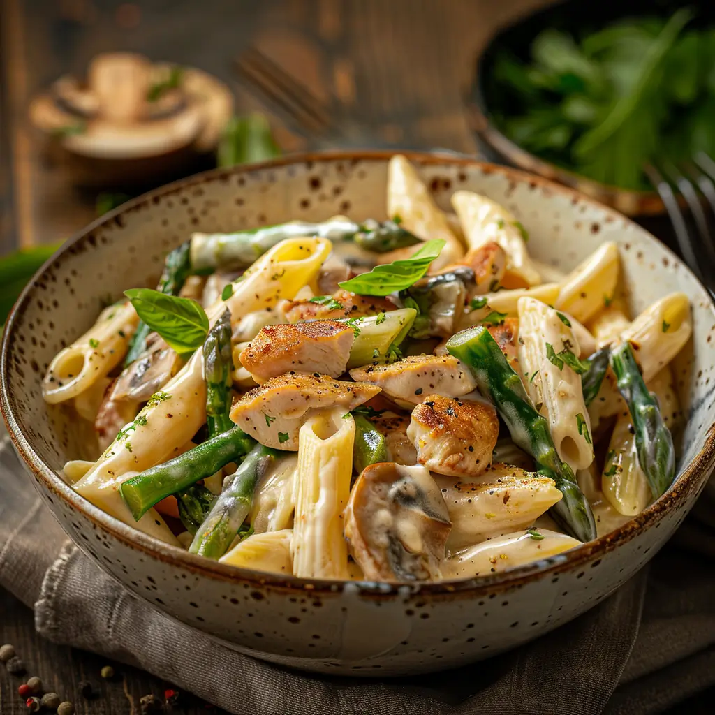 Penne au Poulet, Champignons et Asperges Crémées