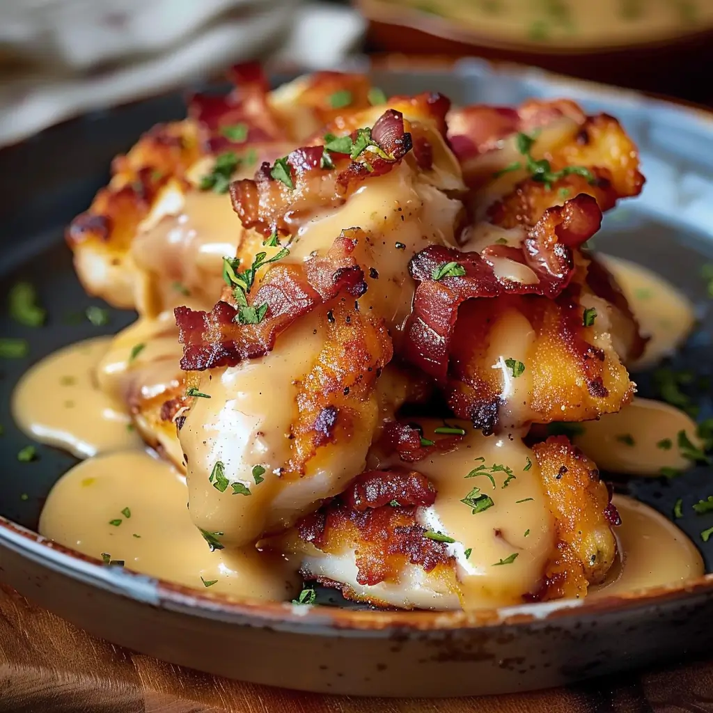 Filets de Poulet au Fromage et au Bacon servis avec fromage fondu et bacon croustillant sur une assiette rustique
