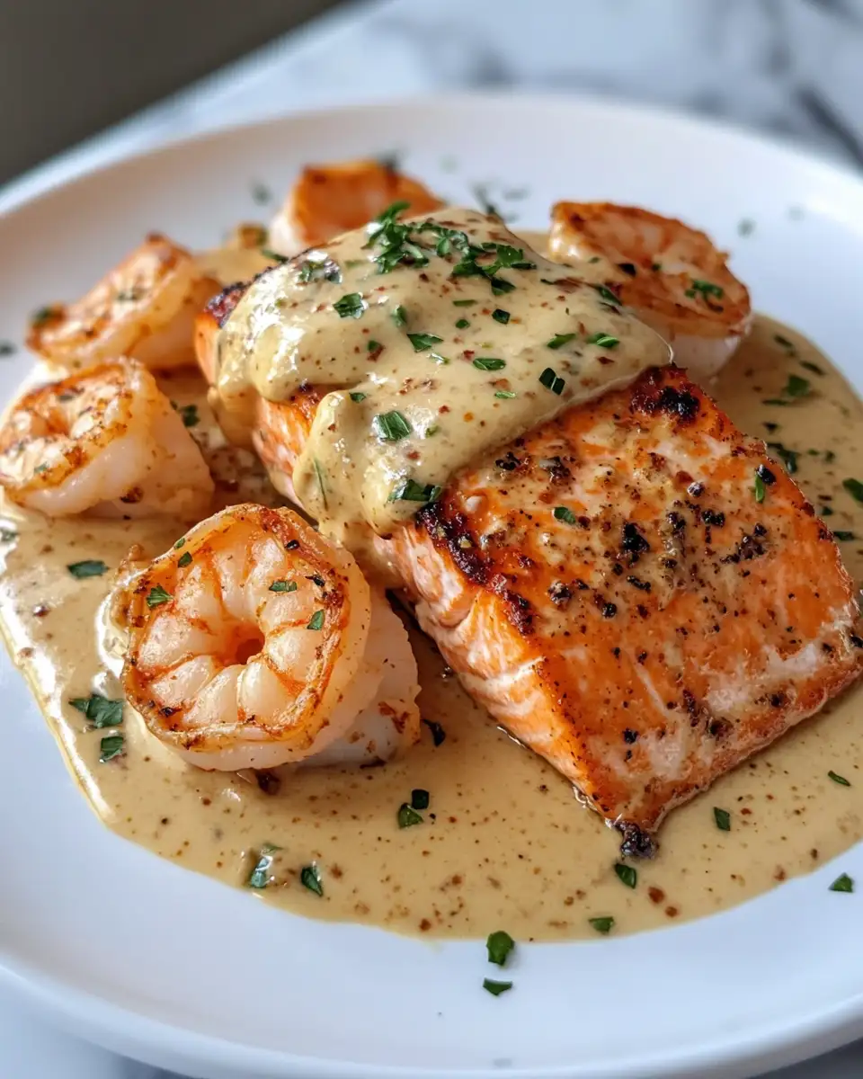 Final dish - Irresistible Cajun Shrimp and Salmon with Creamy Garlic Sauce Delight