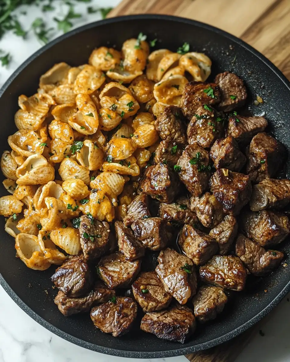 Final dish - Savor the Flavor of Cajun Steak Bites and Cheesy Garlic Shells Skillet