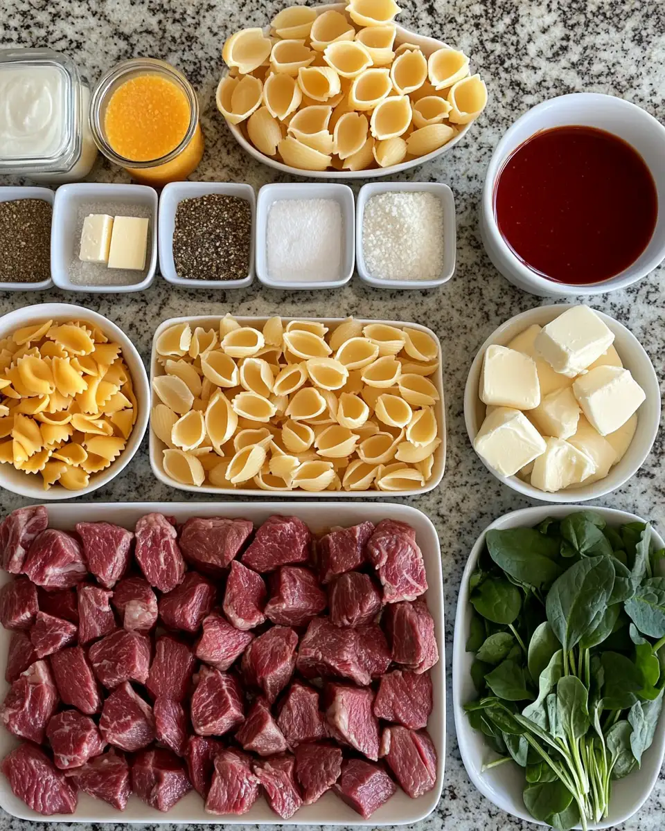 Ingredients for Savor the Flavor of Cajun Steak Bites and Cheesy Garlic Shells Skillet