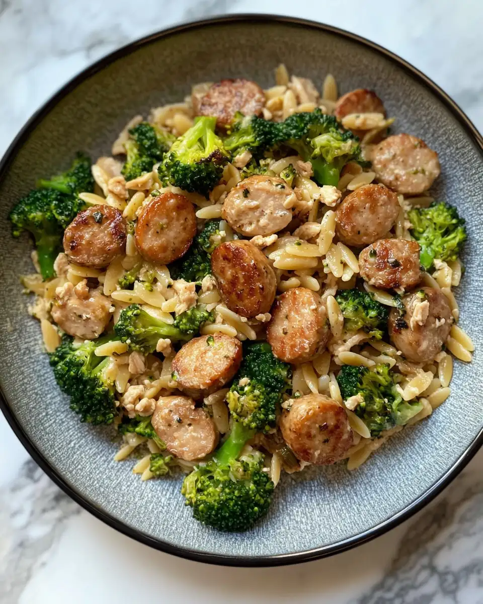 Final dish - One-Pot Chicken Sausage Broccoli Orzo Recipe for a Quick Healthy Dinner