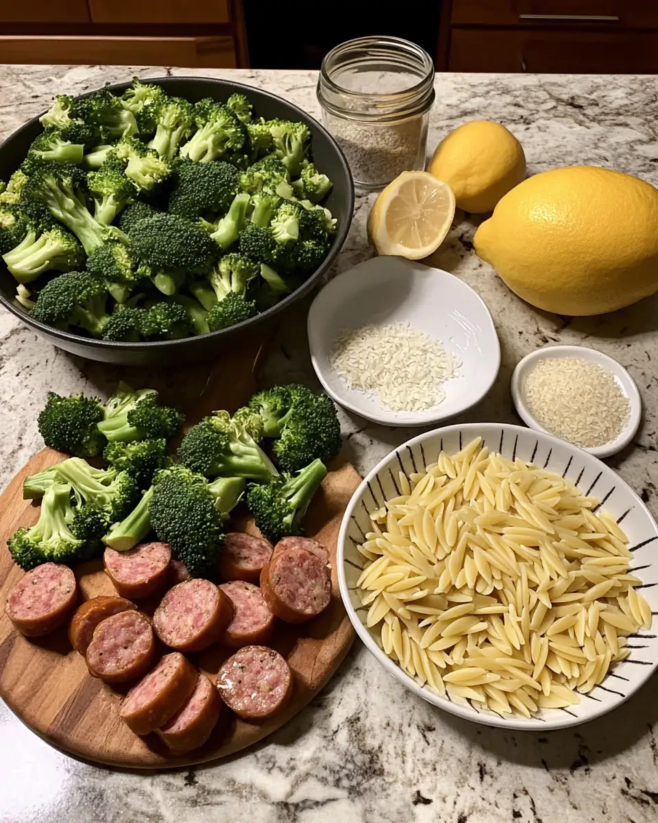 Ingredients for One-Pot Chicken Sausage Broccoli Orzo Recipe for a Quick Healthy Dinner