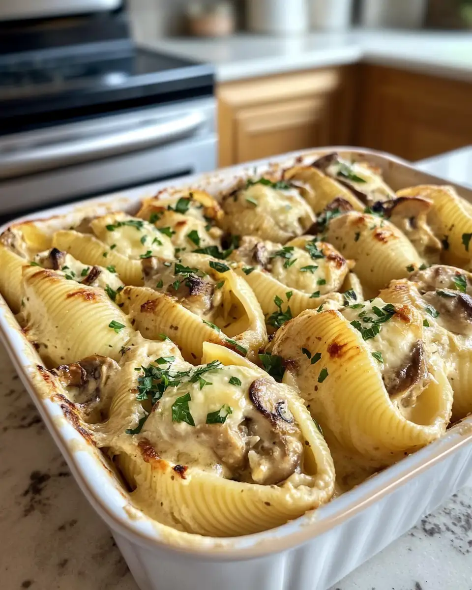 Final dish - Indulge in Creamy Garlic Mushroom Stuffed Shells for the Ultimate Comfort Meal