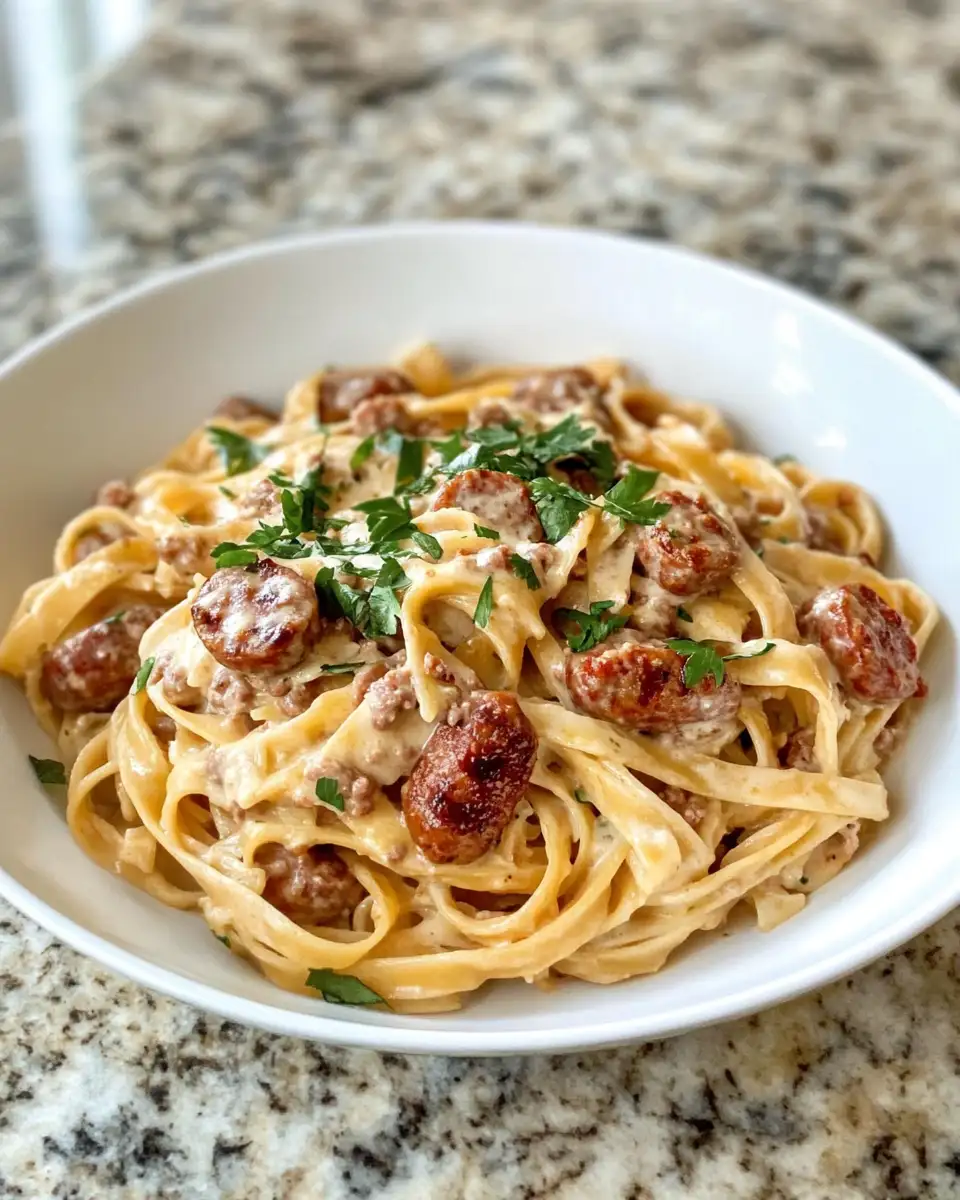 Final dish - Indulge in the Ultimate Creamy Italian Sausage Fettuccine Delight