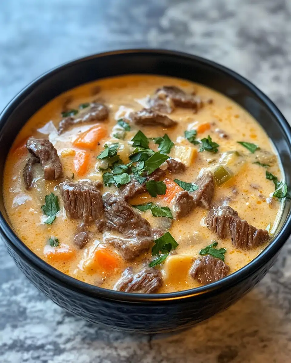 Final dish - Dive Into Comfort with This Creamy Philly Cheese Steak Soup Recipe
