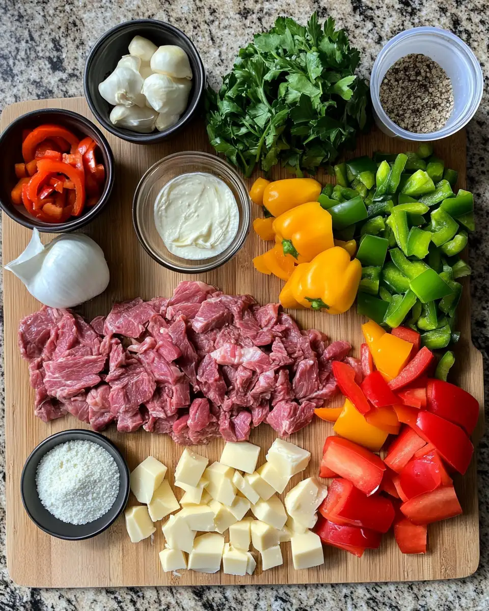 Ingredients for Dive Into Comfort with This Creamy Philly Cheese Steak Soup Recipe