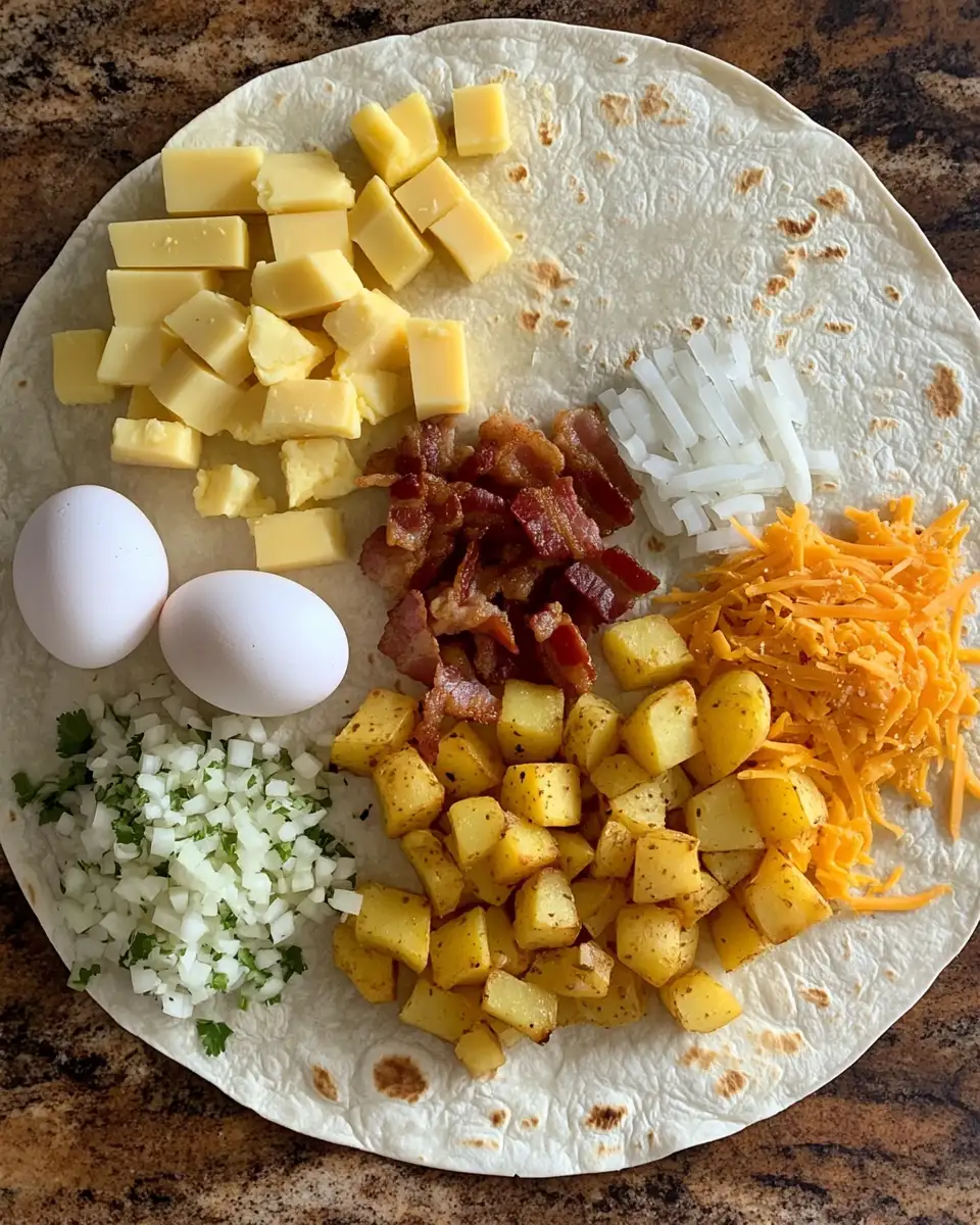 Ingredients for Ultimate Crispy Bacon Egg and Cheese Burrito with Perfectly Seasoned Potatoes