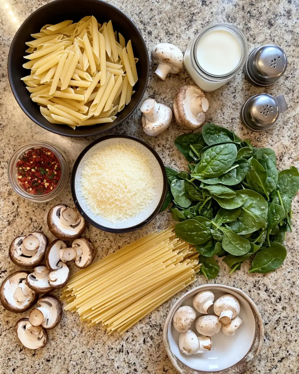 Ingredients for Easy Spinach Mushroom Pasta Recipe for Quick and Delicious Meals