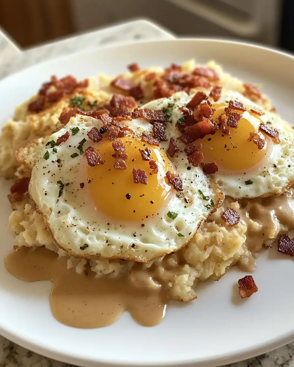Ultimate Comfort Breakfast Egg Topped Hash Browns with Bacon Gravy - Featured Image