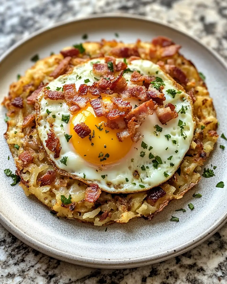 Final dish - Ultimate Comfort Breakfast Egg Topped Hash Browns with Bacon Gravy