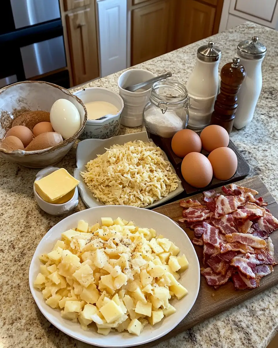Ingredients for Ultimate Comfort Breakfast Egg Topped Hash Browns with Bacon Gravy
