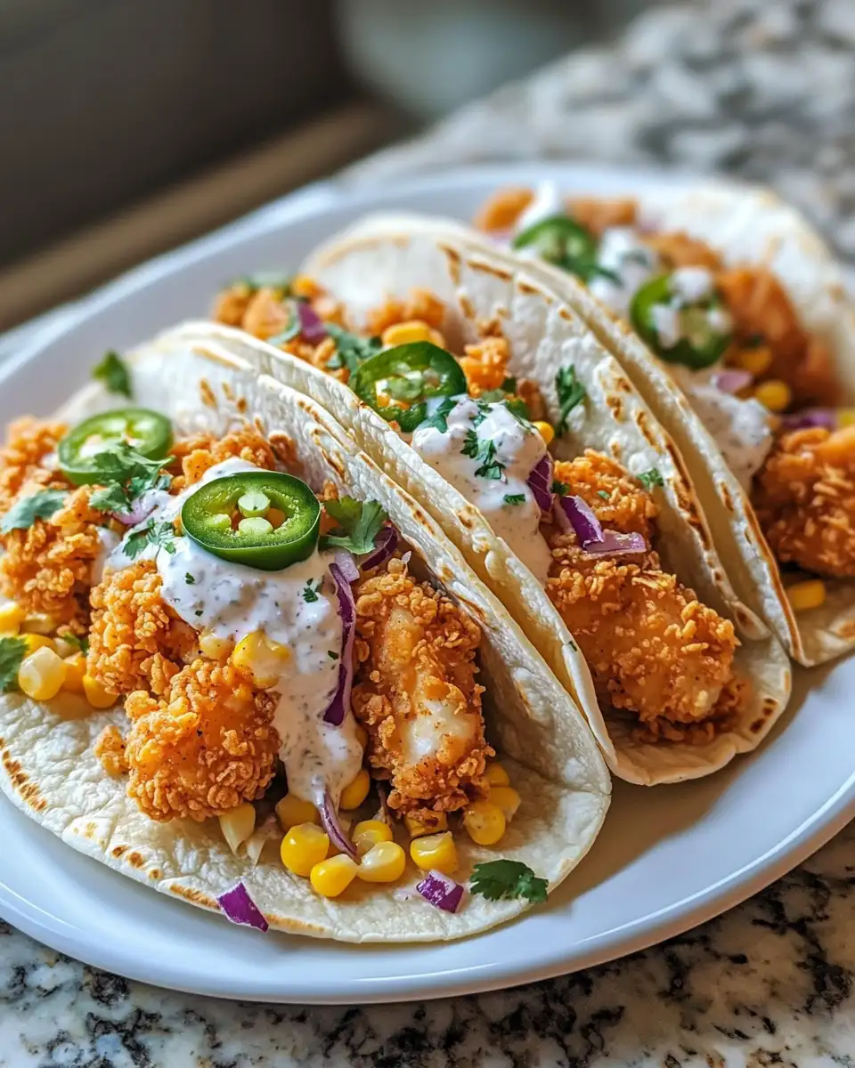 Final dish - Crispy Fried Chicken Street Corn Tacos with Zesty Jalapeño Lime Ranch