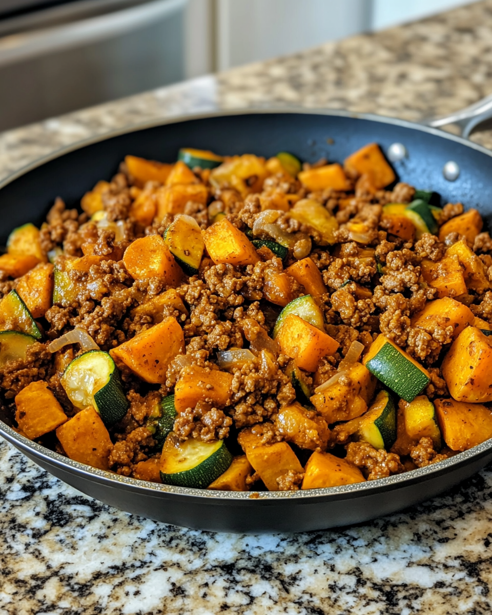 Final dish - Hearty Ground Beef Zucchini Sweet Potato Skillet Recipe for Busy Weeknights