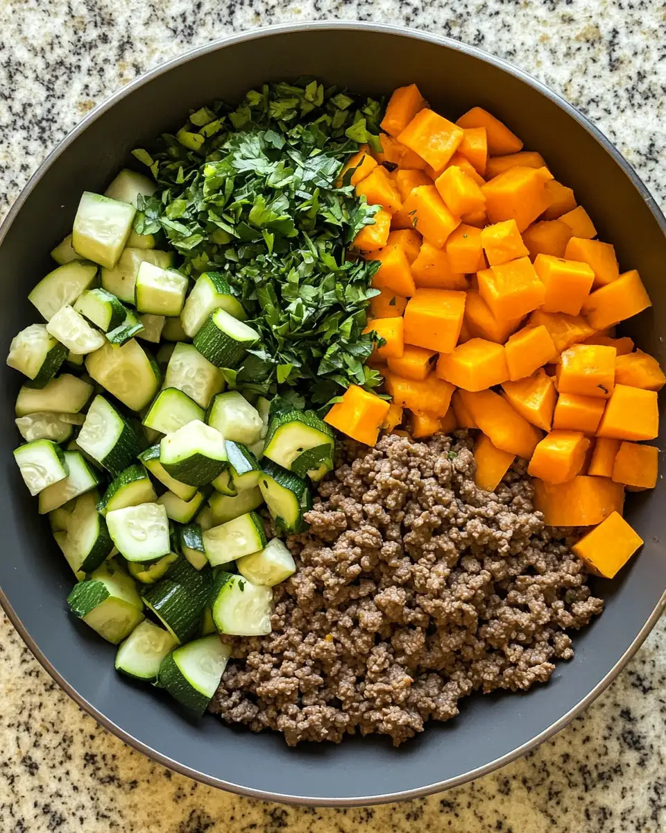 Ingredients for Hearty Ground Beef Zucchini Sweet Potato Skillet Recipe for Busy Weeknights