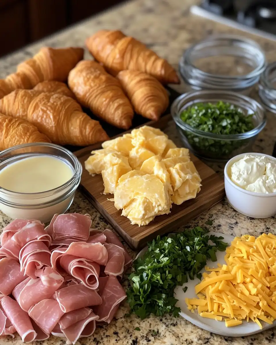 Ingredients for Ultimate Comfort Food Ham and Cheese Croissant Casserole Recipe