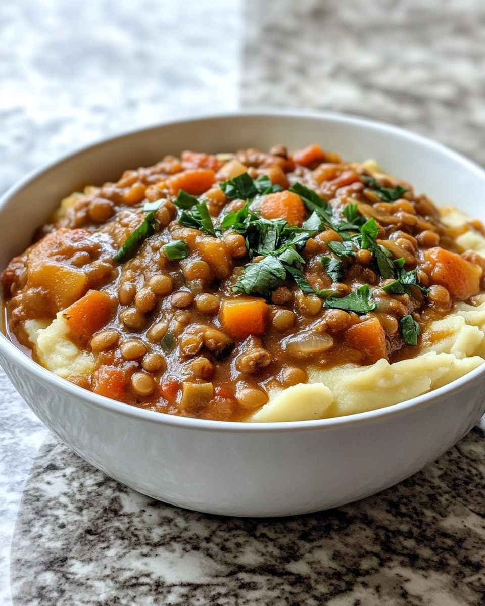Final dish - Hearty Lentil Stew Over Creamy Mashed Potatoes Comfort in Every Bite