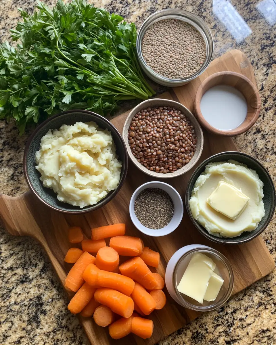 Ingredients for Hearty Lentil Stew Over Creamy Mashed Potatoes Comfort in Every Bite