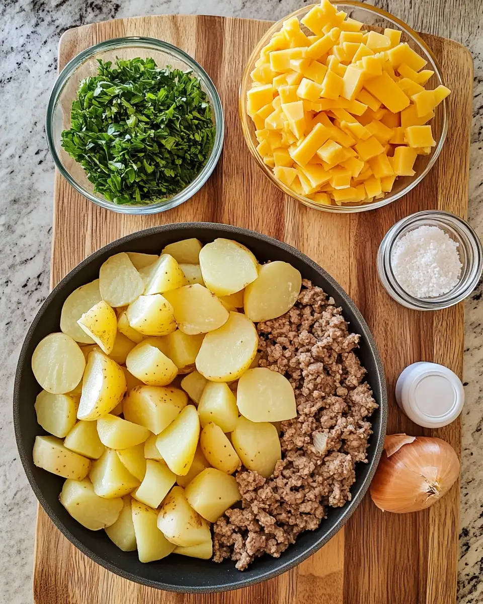 Ingredients for One-Pan Cheesy Potato and Meat Skillet That Will Steal Your Heart