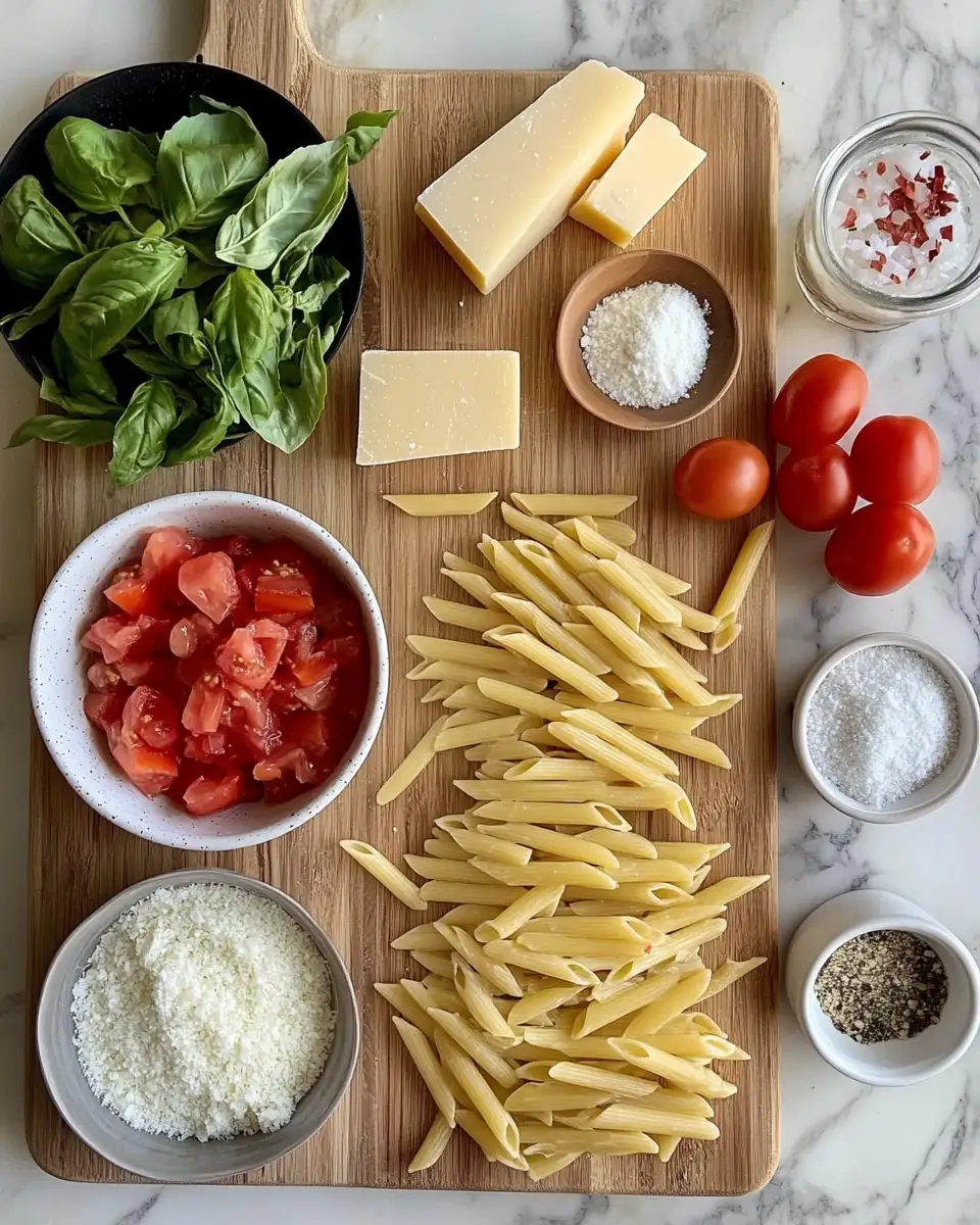 Ingredients for One Pan Creamy Tomato Pasta Recipe for Quick and Delicious Dinners