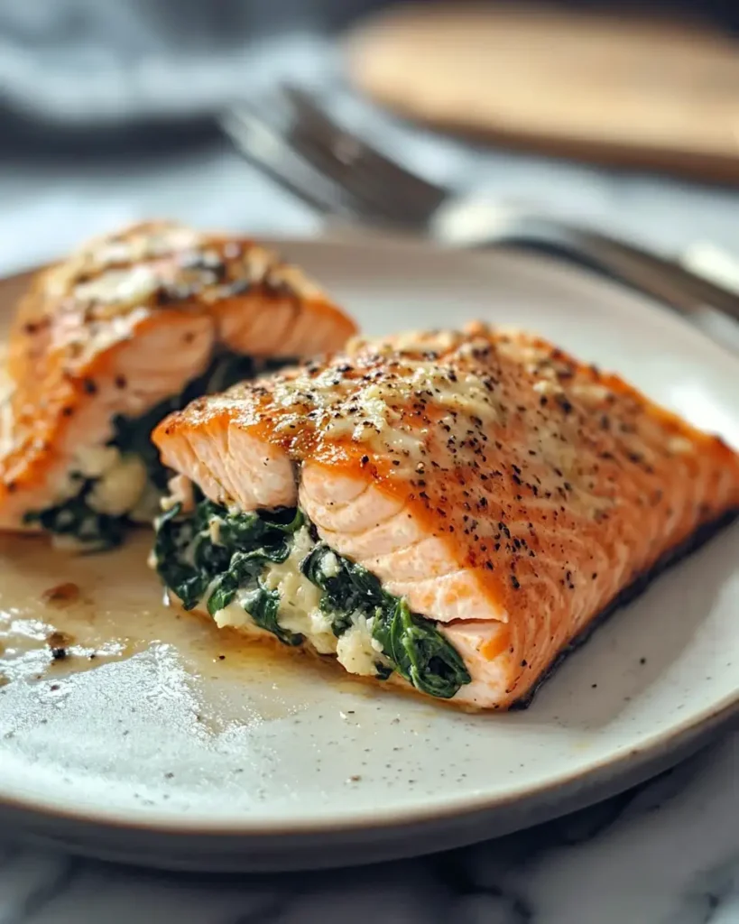 Deliciously Healthy Salmon Stuffed with Spinach and Parmesan Recipe - Featured Image