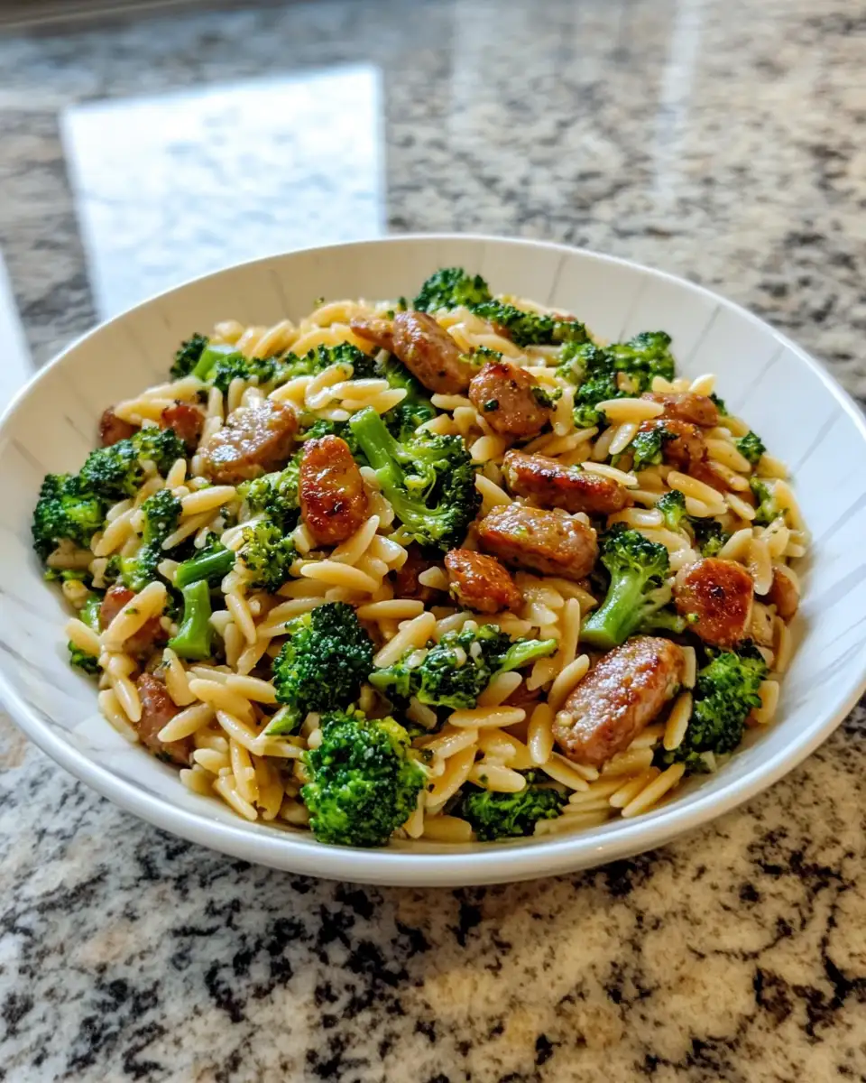 Final dish - Hearty Sausage Broccoli Orzo Recipe Perfect for Busy Weeknights