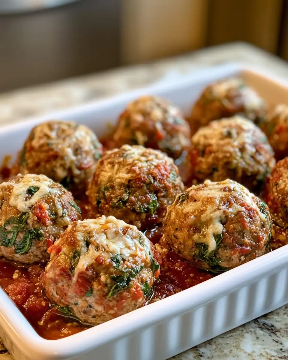 Final dish - Irresistible Spinach Garlic Meatballs Stuffed with Gooey Mozzarella