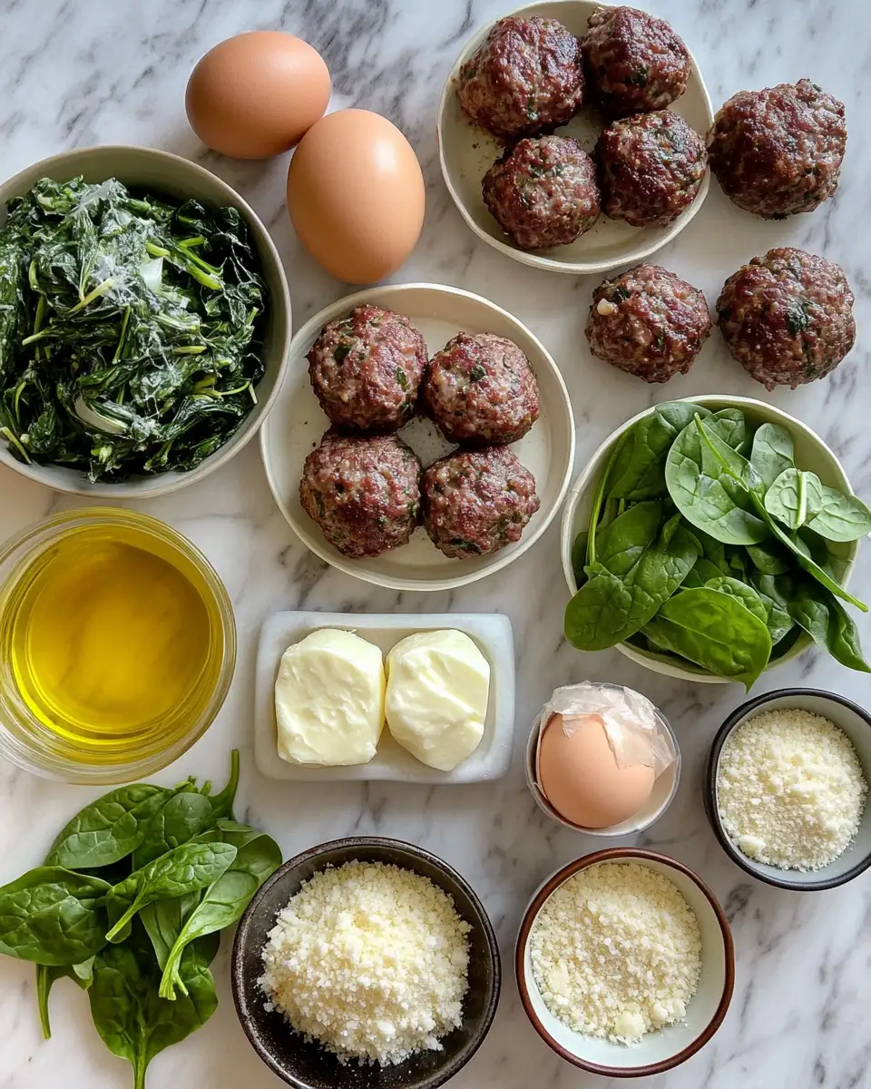 Ingredients for Irresistible Spinach Garlic Meatballs Stuffed with Gooey Mozzarella