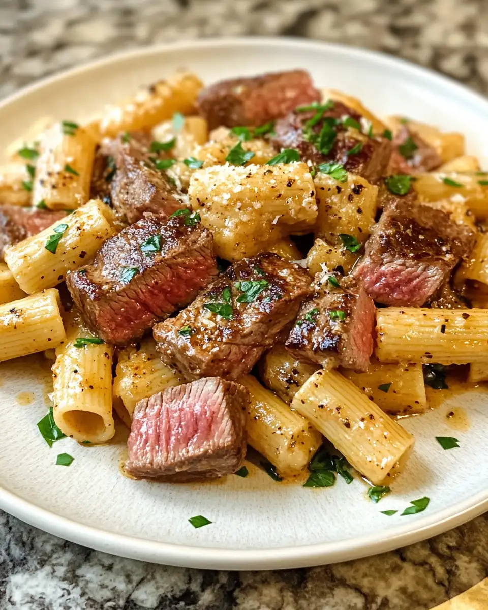 Final dish - Savor the Bold Flavors of Cajun Steak in Cheesy Rigatoni Parmesan Sauce