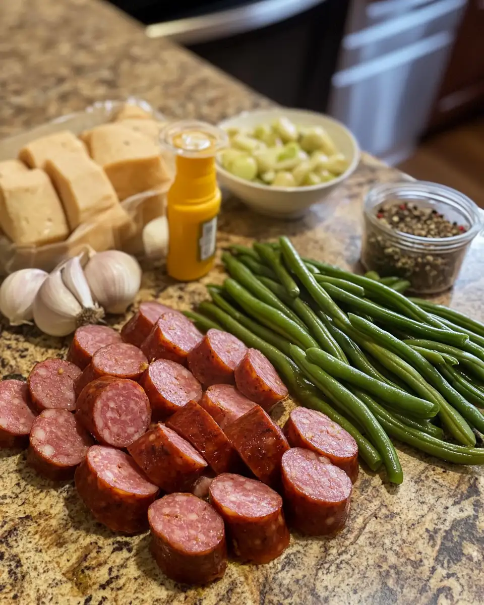 Ingredients for Easy Crockpot Kielbasa and Green Beans Recipe for Busy Weeknights