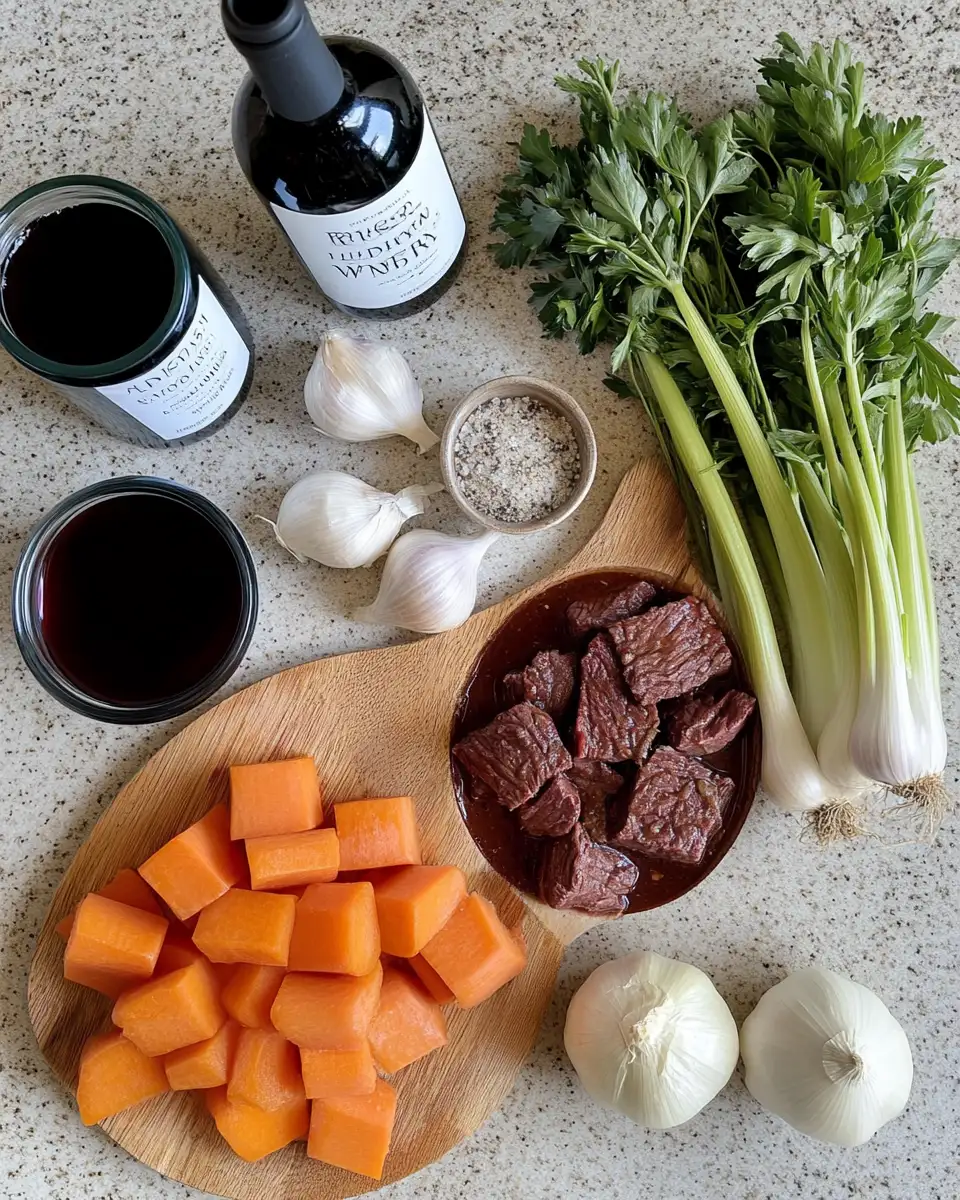 Ingredients for Hearty French Beef Stew in Red Wine Recipe for Cozy Nights