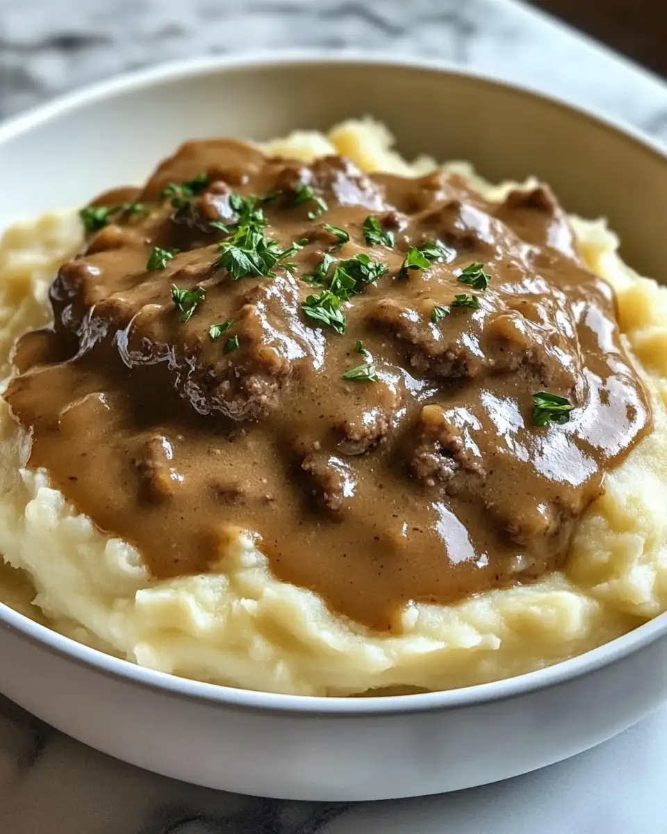 Comfort Food Classic Hamburger Gravy Over Mashed Potatoes Recipe - Featured Image