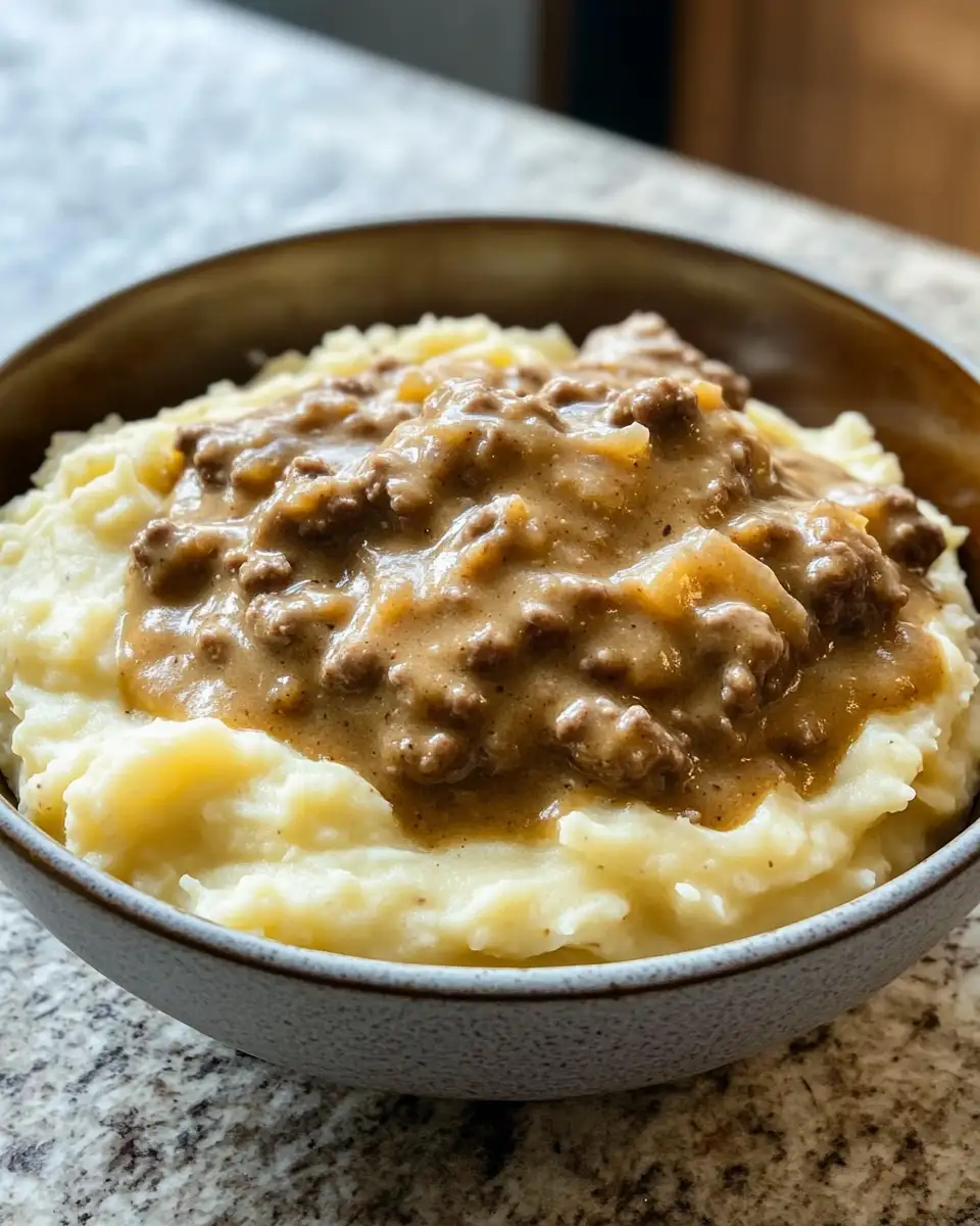 Final dish - Comfort Food Classic Hamburger Gravy Over Mashed Potatoes Recipe