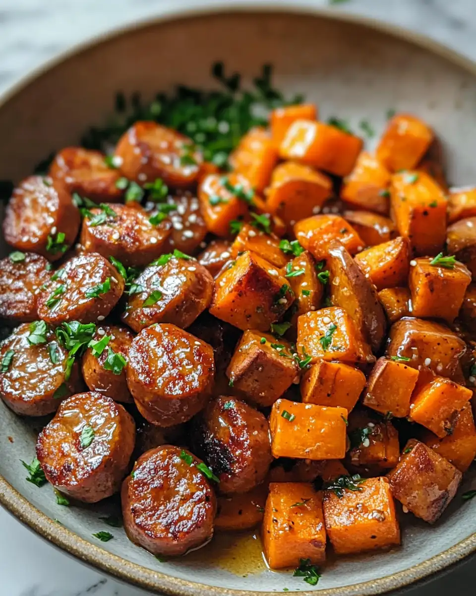 Savory Sausage and Sweet Potatoes Drizzled with Honey Garlic Sauce - Featured Image