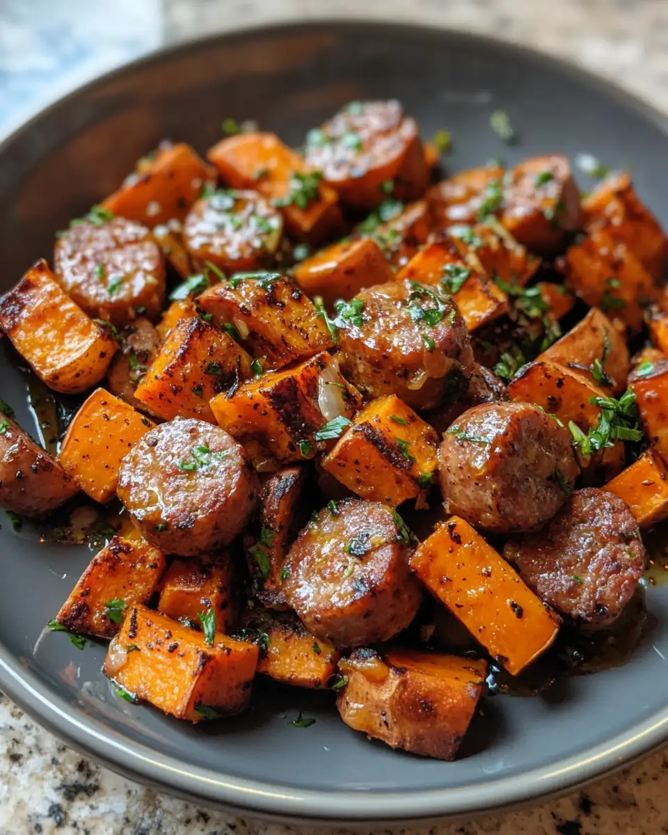 Final dish - Savory Sausage and Sweet Potatoes Drizzled with Honey Garlic Sauce